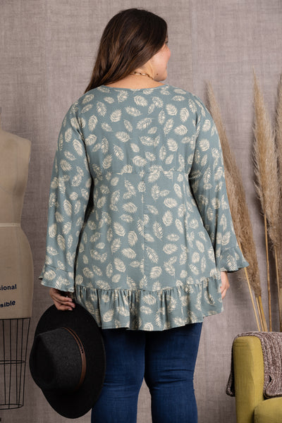 SAGE FLORAL PRINT RUFFLE SLEEVES AND HEM PLUS SIZE TOP-TP1944