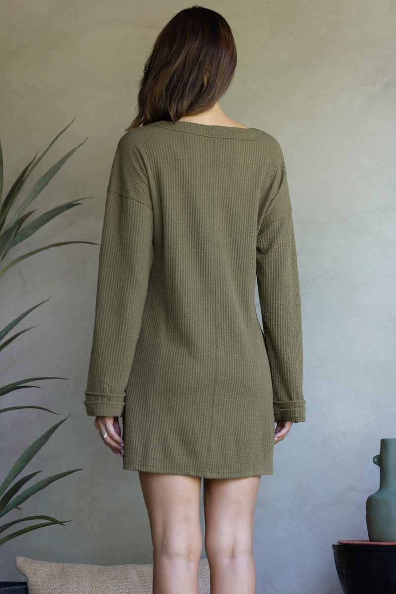 OLIVE RIBBED KNIT LONG SLEEVES MINI DRESS-ND30196