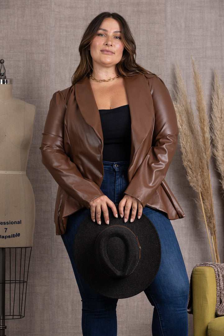 SJ1206-BROWN LAPEL PU LEATHER PLUS SIZE BLAZER JACKET