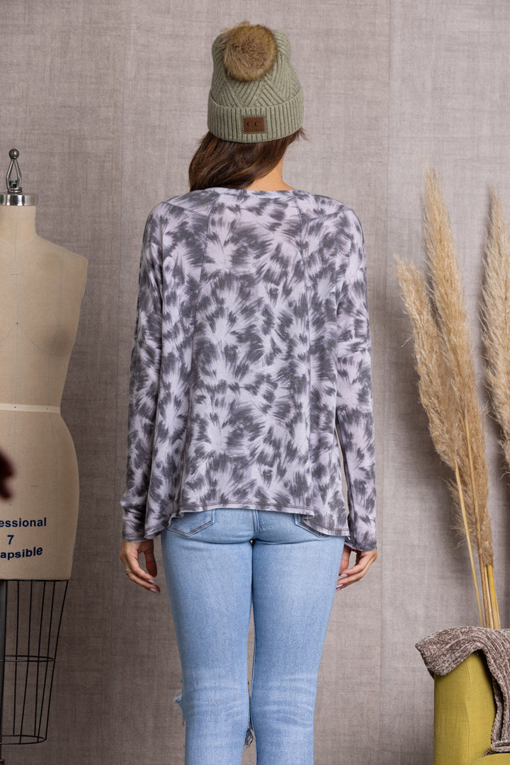 GREY PAINT BRUSH PRINT LONG SLEEVE TOP TY10056