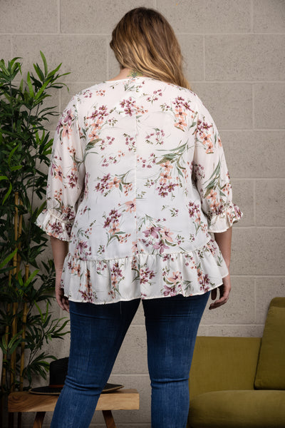 SILHOUETTE FLORAL PRINT RUFFLED SLEEVES AND HEM PLUS SIZE TOP