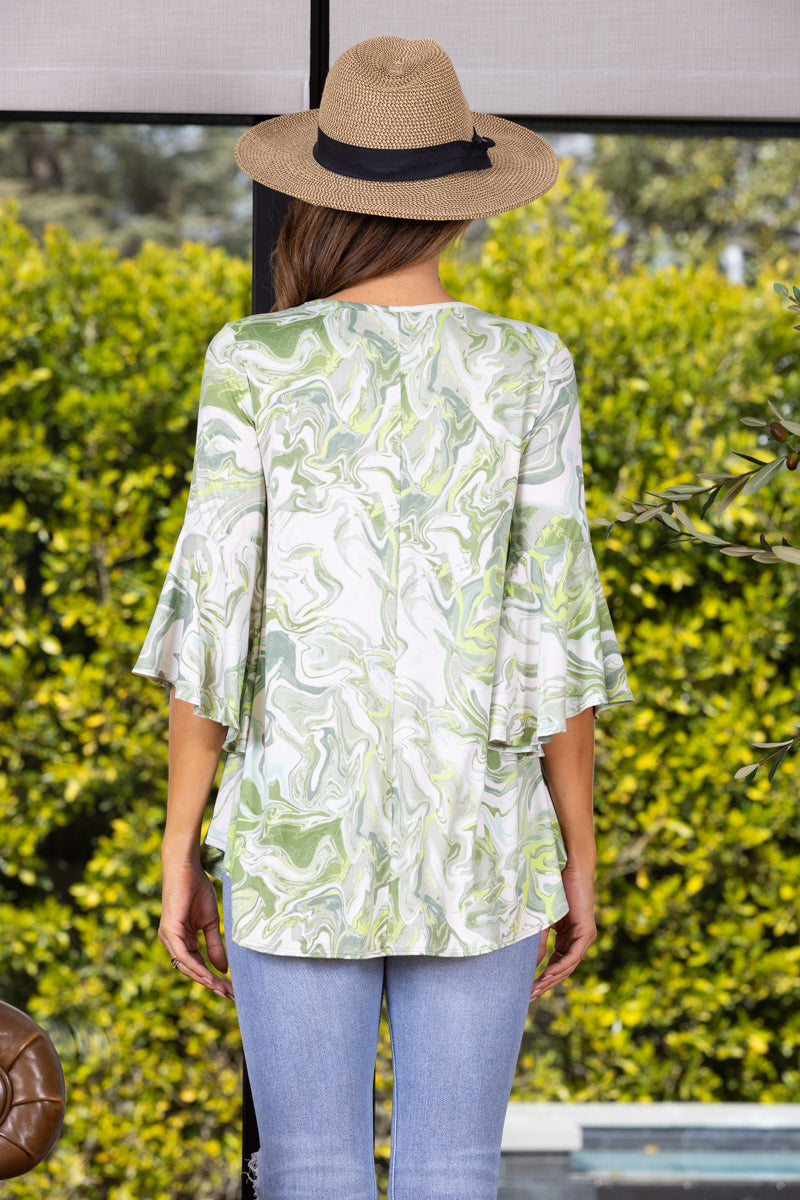GREEN WATERCOLOUR TRUMPET SLEEVES TOP