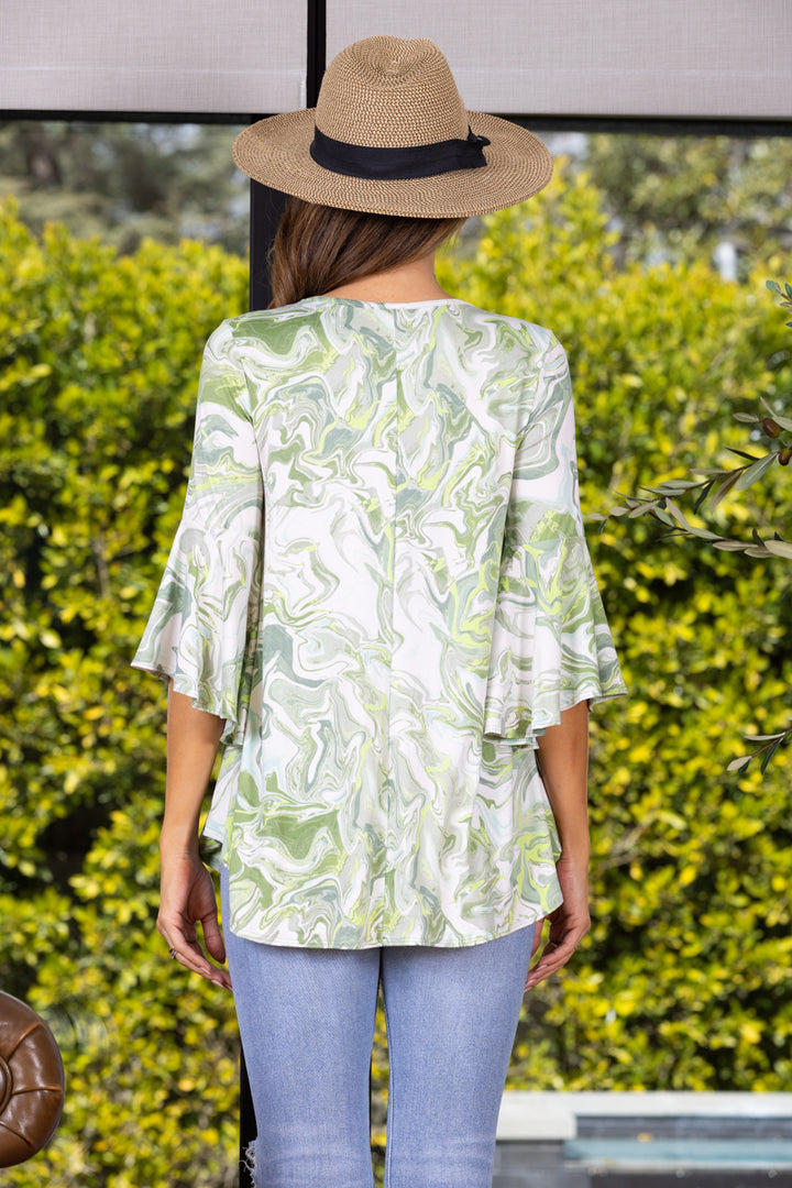GREEN WATERCOLOUR TRUMPET SLEEVES TOP