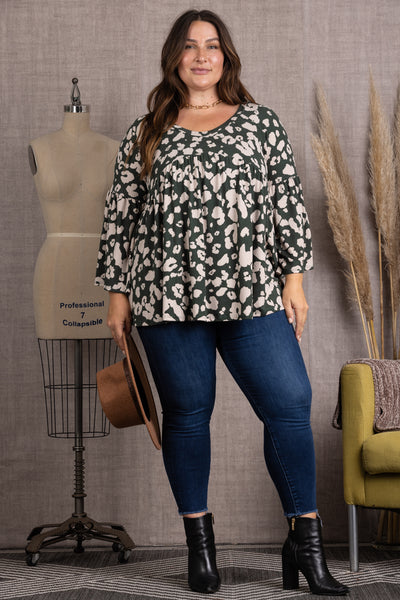 4T2358-1-Wholesale GREEN ANIMAL  PRINT BELL LONG SLEEVES PLUS SIZE TOP