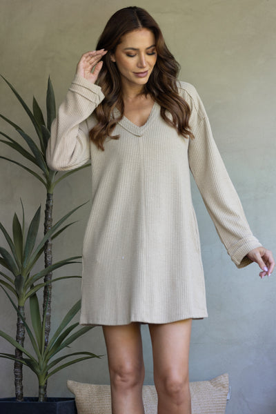 TAUPE RIBBED KNIT LONG SLEEVES MINI DRESS-ND30196