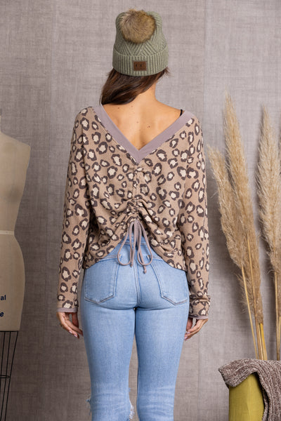 TY10840-TAUPE CHEETAH PRINT LACE-UP BACK KNIT TOP