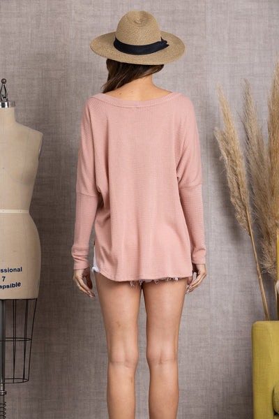 WAFFLE KNIT BUTTON UP DOLMAN SLEEVE BLOUSE