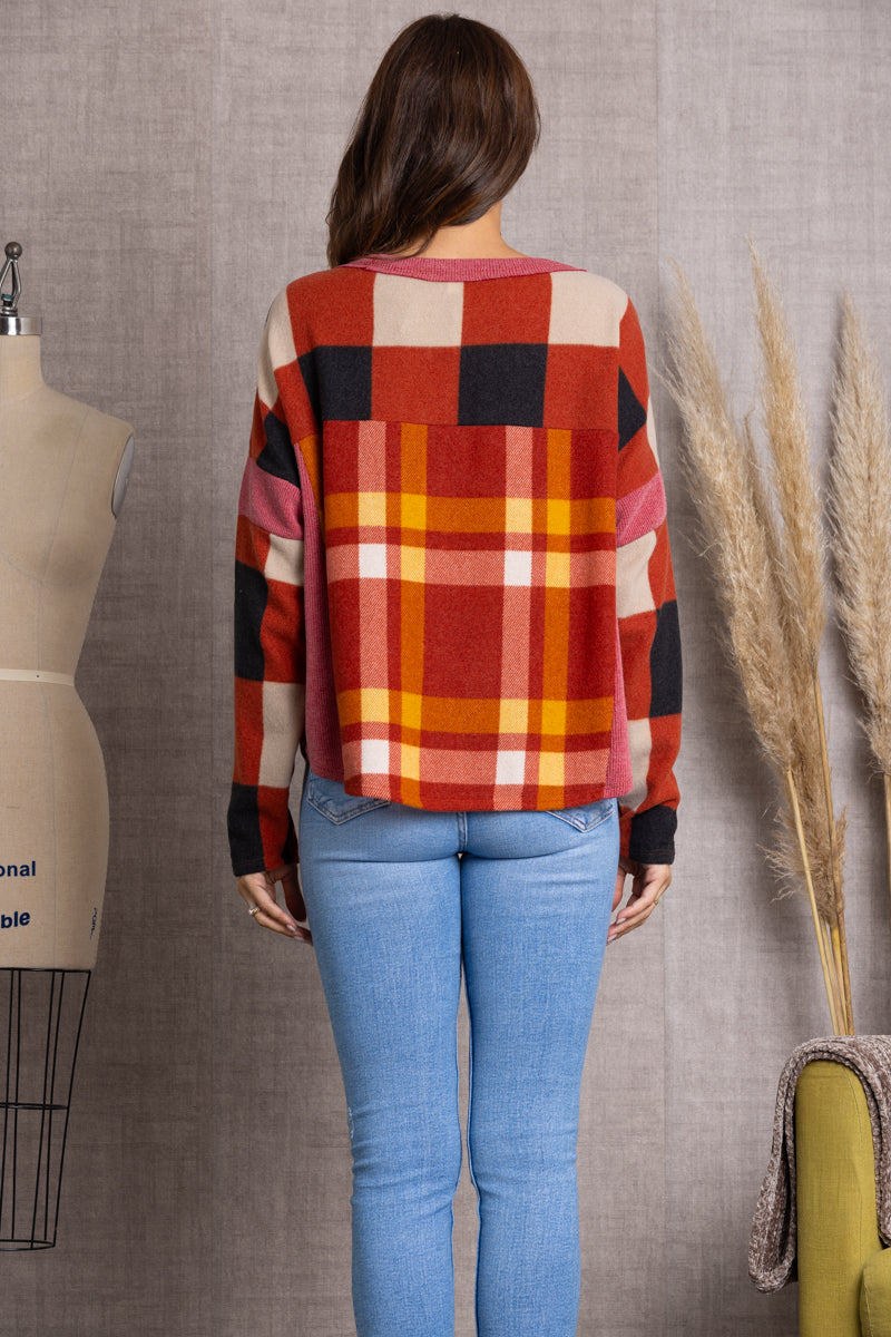 RUST MULITICOLOR PLAID LONG SLEEVES SWEATER TJ10939PA