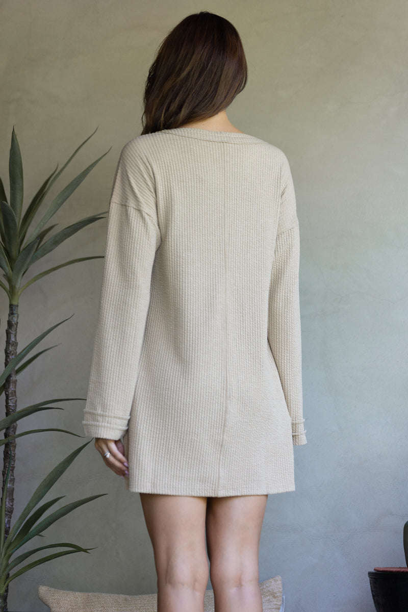 TAUPE RIBBED KNIT LONG SLEEVES MINI DRESS-ND30196