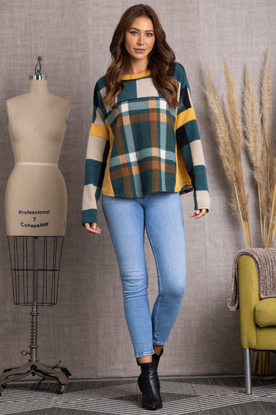 TJ10939PA-Wholesale GREEN MULITOCOLOR PLAID LONG SLEEVES SWEATER