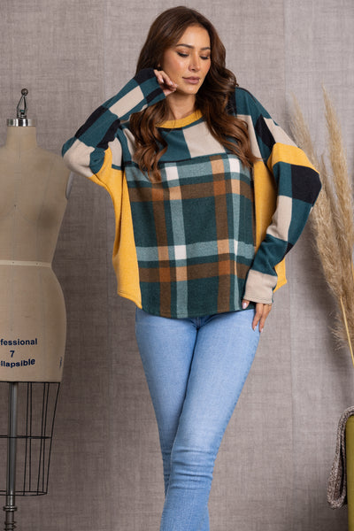 TJ10939PA-GREEN MULITOCOLOR PLAID LONG SLEEVES SWEATER