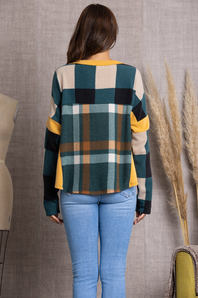 TJ10939PA-GREEN MULITOCOLOR PLAID LONG SLEEVES SWEATER