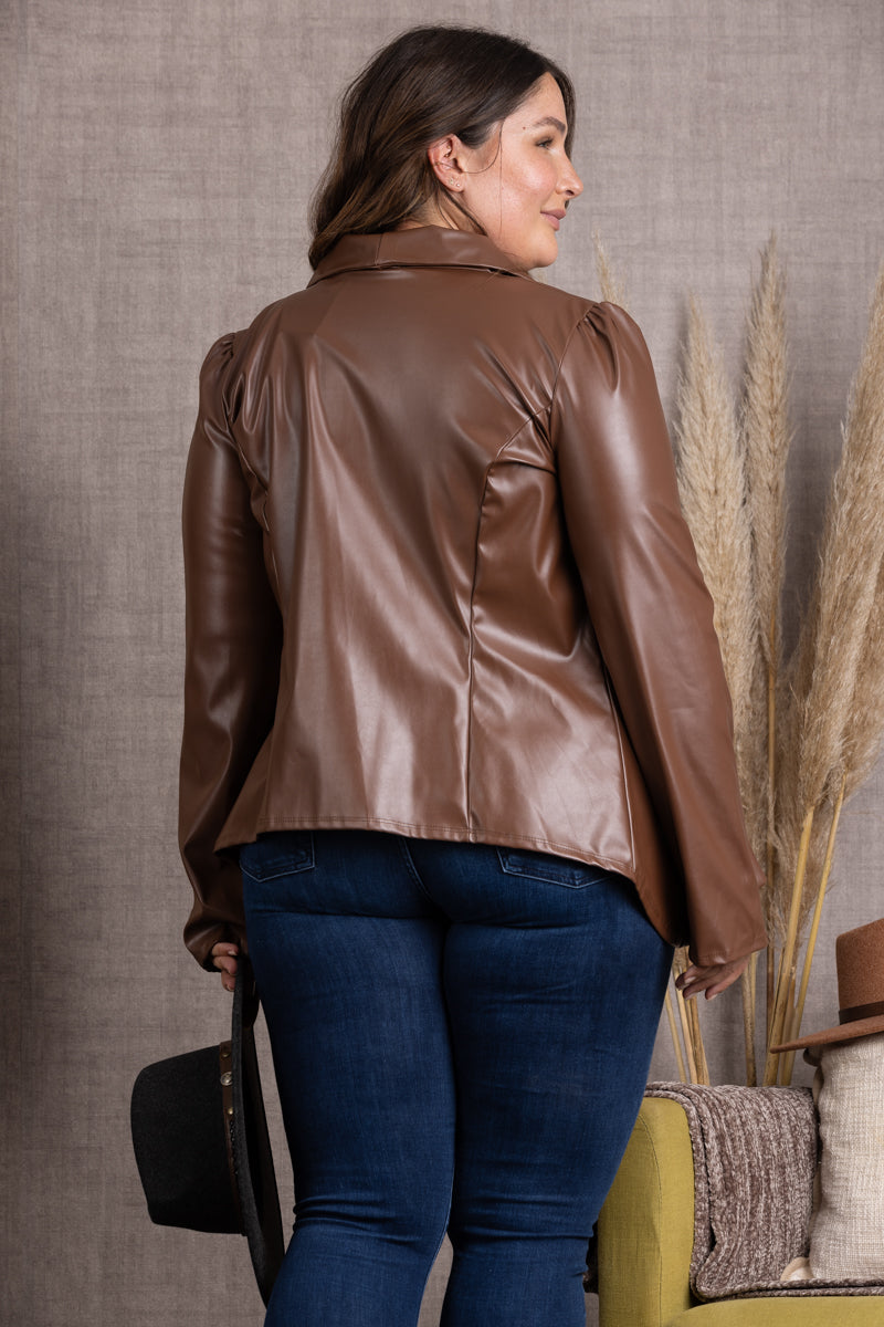 SJ1206-BROWN LAPEL PU LEATHER PLUS SIZE BLAZER JACKET