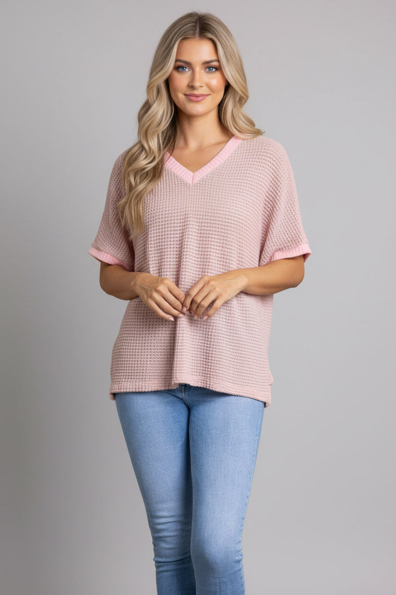 T7879-Wholesale PEACH V-NECK DOLMAN SHORT SLEEVES KNIT TOP