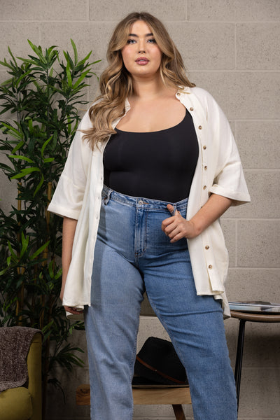 POINTED COLLAR  BUTTON DOWN DOLMAN SLEEVES PLUS SIZE TOP