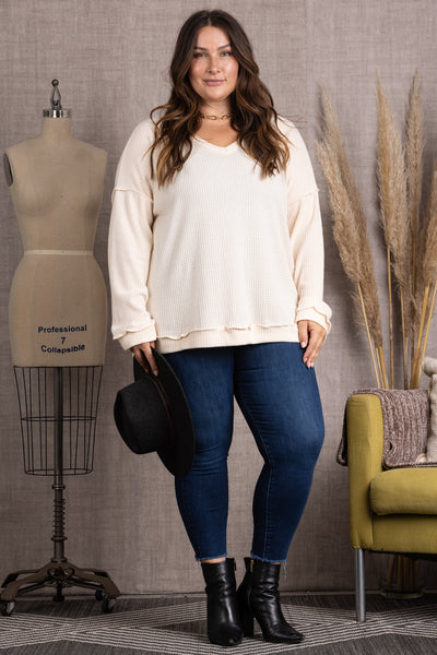 CREAM RIBBED KNIT LONG SLEEVES PLUS SIZE TOP-M5044P