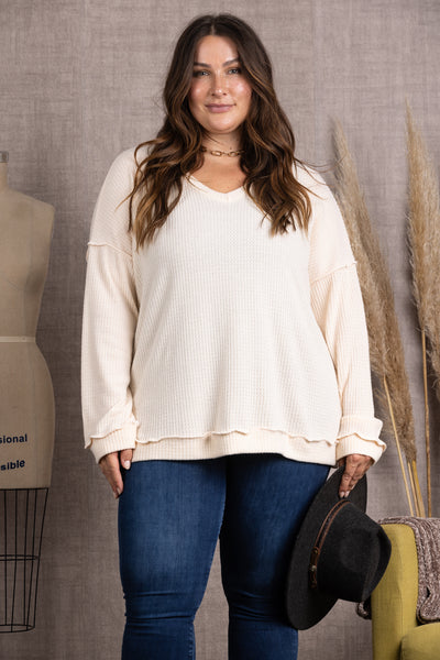 M5044P-Wholesale CREAM RIBBED KNIT LONG SLEEVES PLUS SIZE TOP