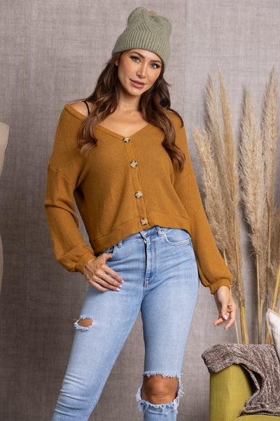 S1154-MUSTARD KNITTED LONG SLEEVES W/ BUTTONS TOP