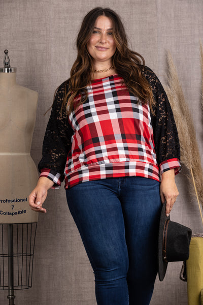 RED/BLACK LACE DETAILED LONG SLEEVES PLUS SIZE TOP-TP2018