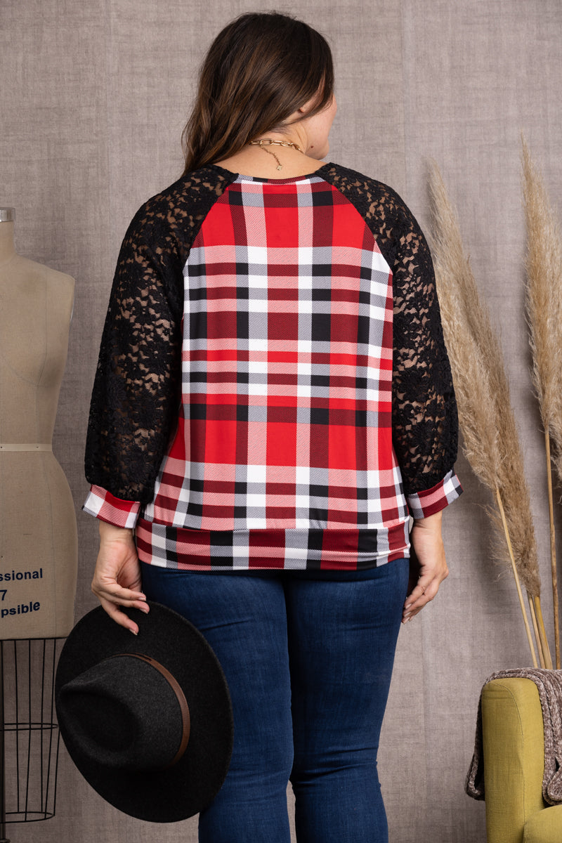 RED/BLACK LACE DETAILED LONG SLEEVES PLUS SIZE TOP-TP2018