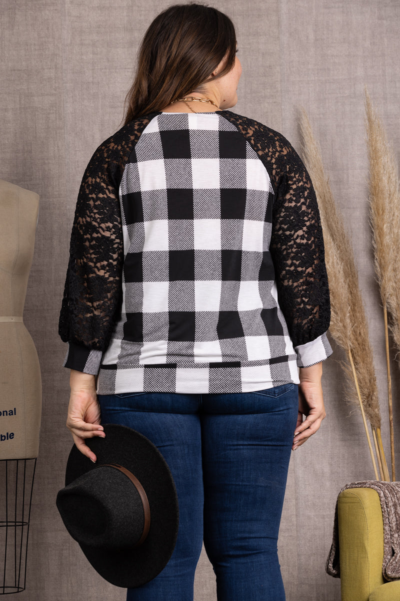 BLACK/WHITE LACE DETAILED LONG SLEEVES  PLUS SIZE TOP-TP2018