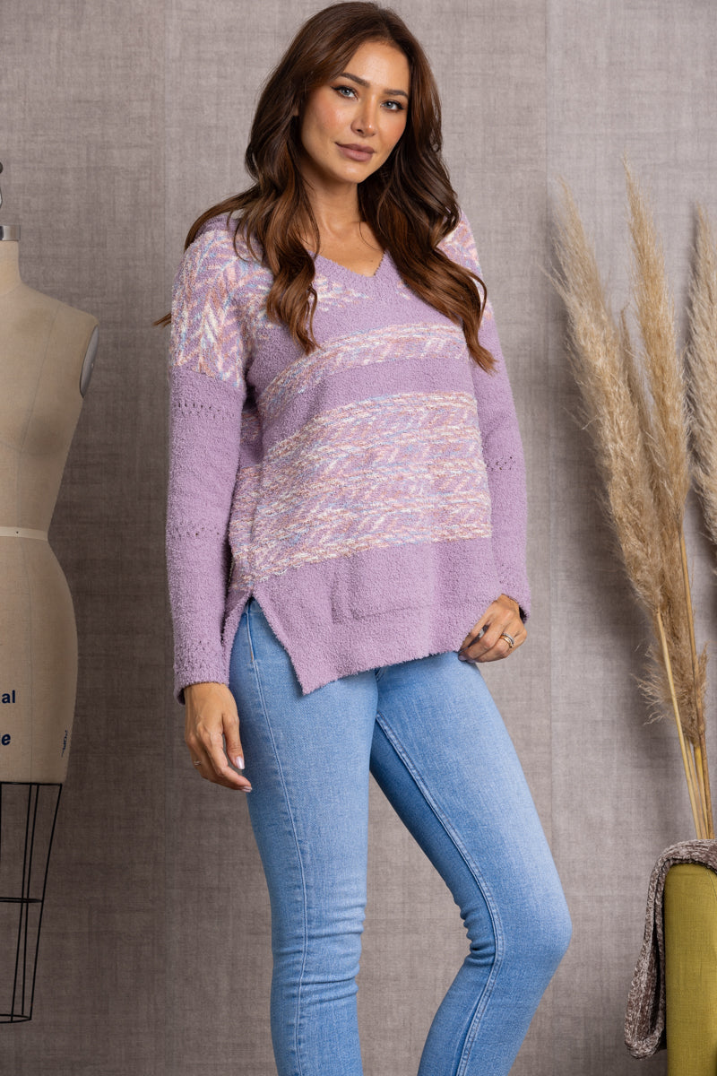 TI10017-LAVANDER PINDLER FUZZY KNIT PULLOVER HOODY SWEATER