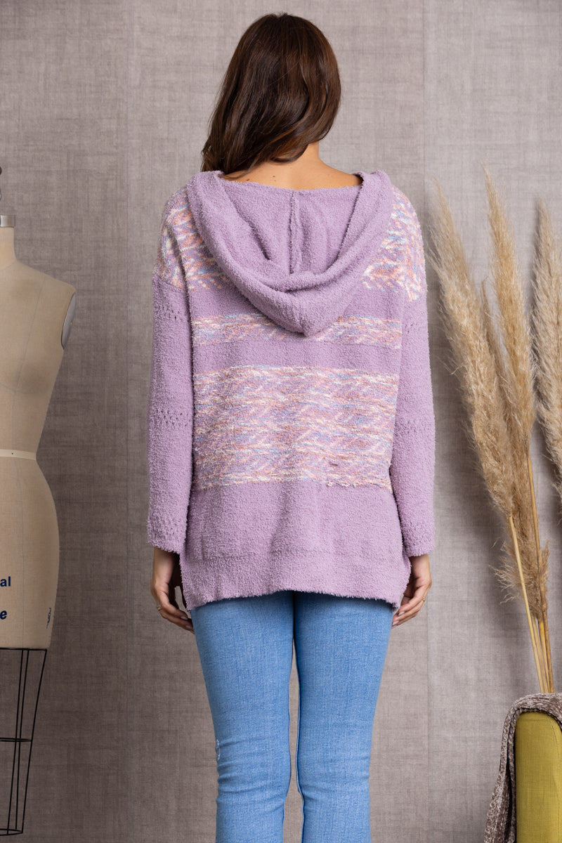 TI10017-LAVANDER PINDLER FUZZY KNIT PULLOVER HOODY SWEATER