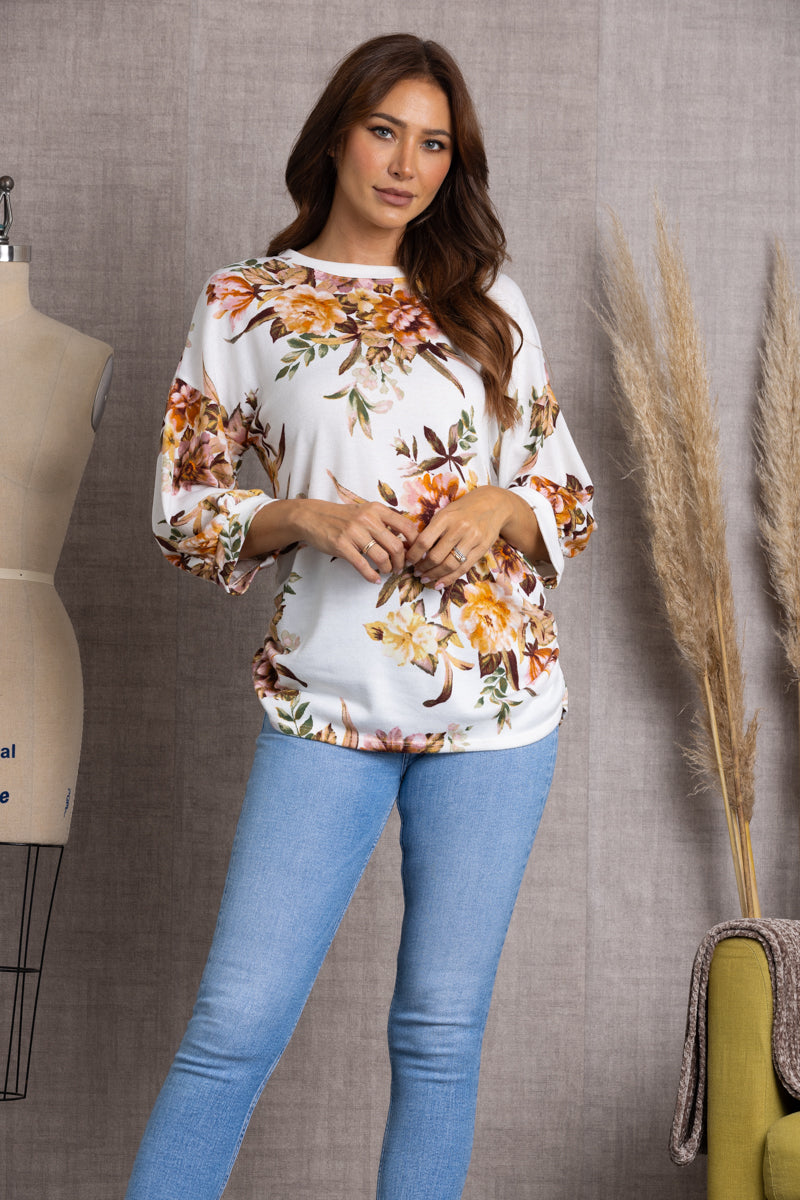 T2014-IVORY FLORAL PRINT CUFF LONG SLEEVES KNIT TOP