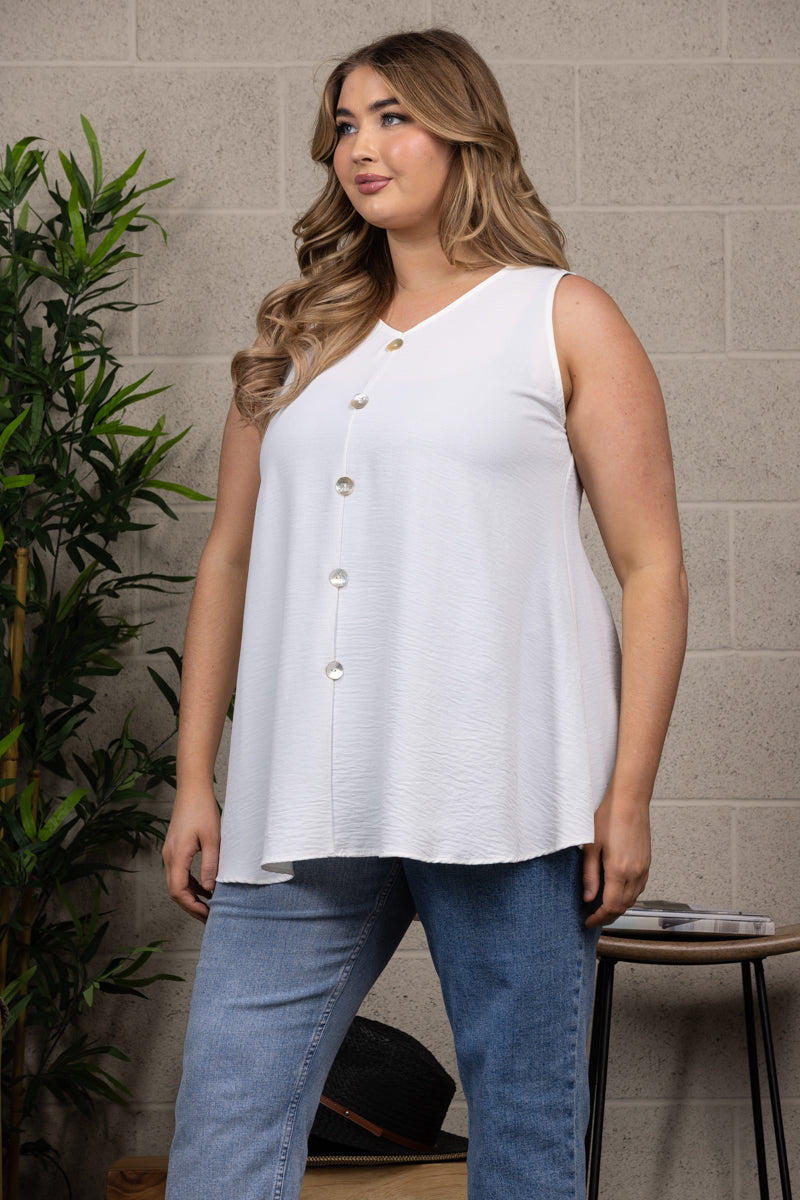 SOLID COLOR BUTTON DETAILED SLEEVELESS PLUS SIZE TOP