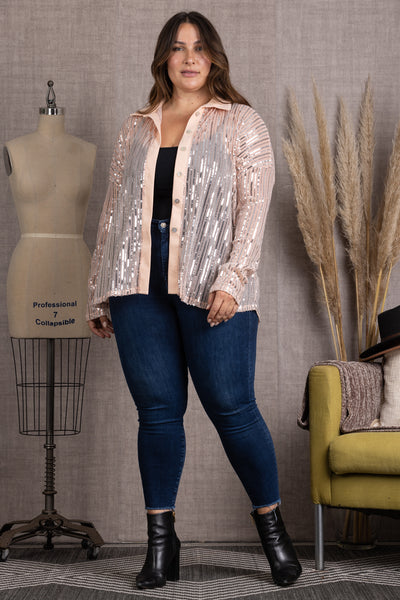 T7576-Wholesale PEACH SEQUENCE COLLARED LONG SLEEVES PLUS SIZE TOP