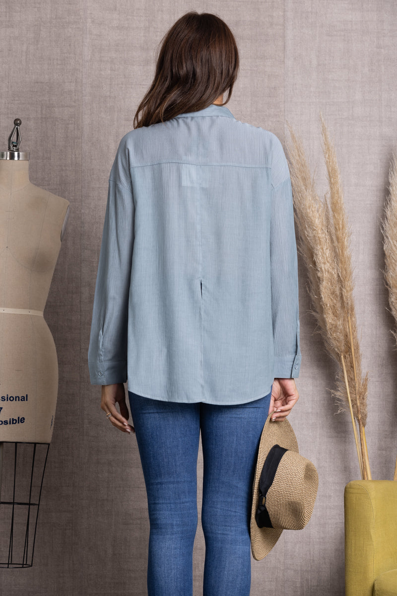 VE60043TOP-GREY COLLAR BUTTON DOWN CUFF LONG SLEEVE TOP -SW420 (2 S - 2 M - 2 L)