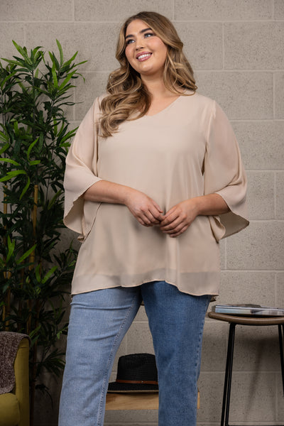 CHIFFON V-NECK BELL SLEEVES PLUS SIZE TOP