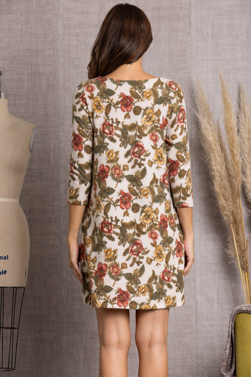 CREAM FLORAL PRINT 3/4 SLEEVES SOFT MINI DRESS-SD21058E