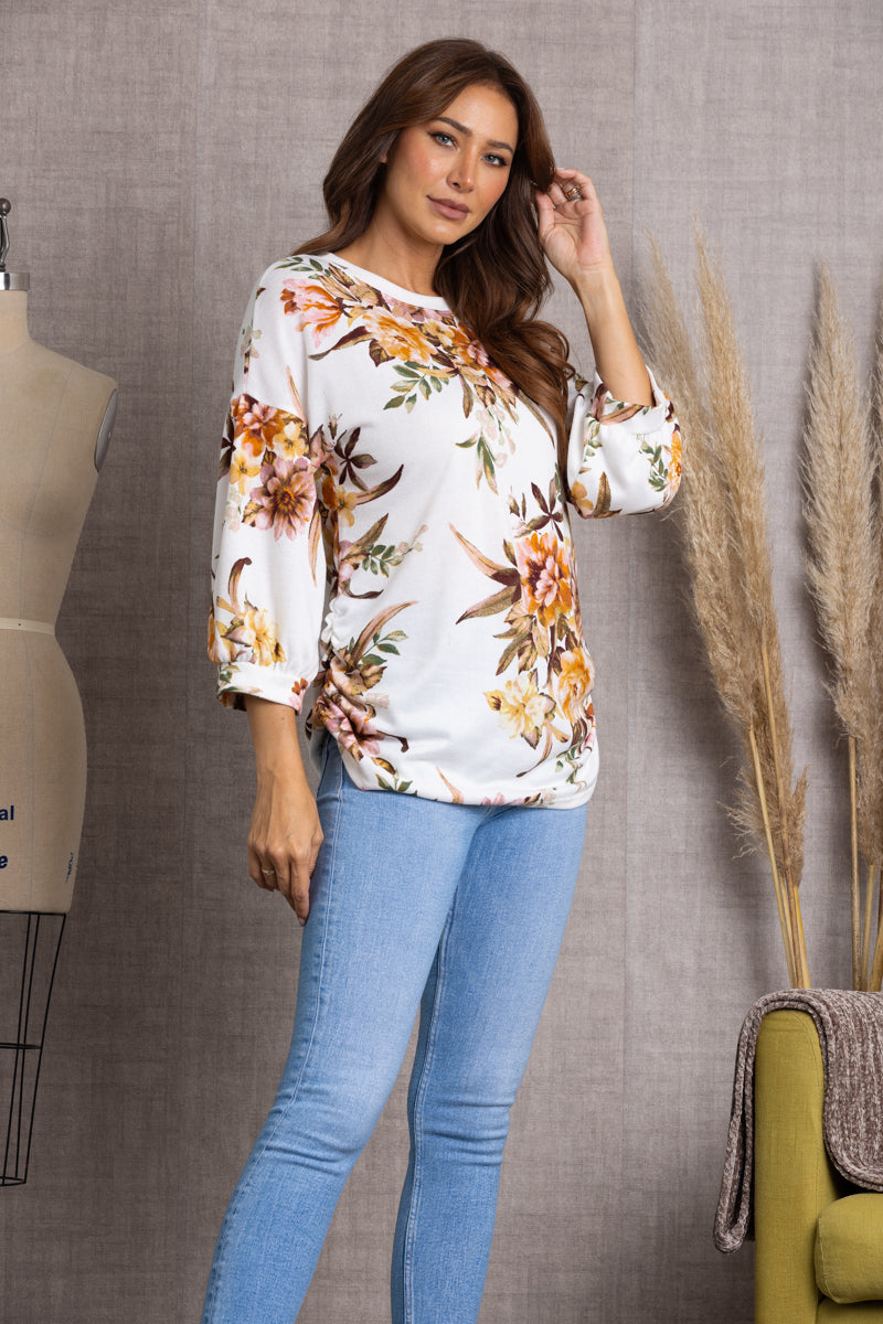 T2014-IVORY FLORAL PRINT CUFF LONG SLEEVES KNIT TOP