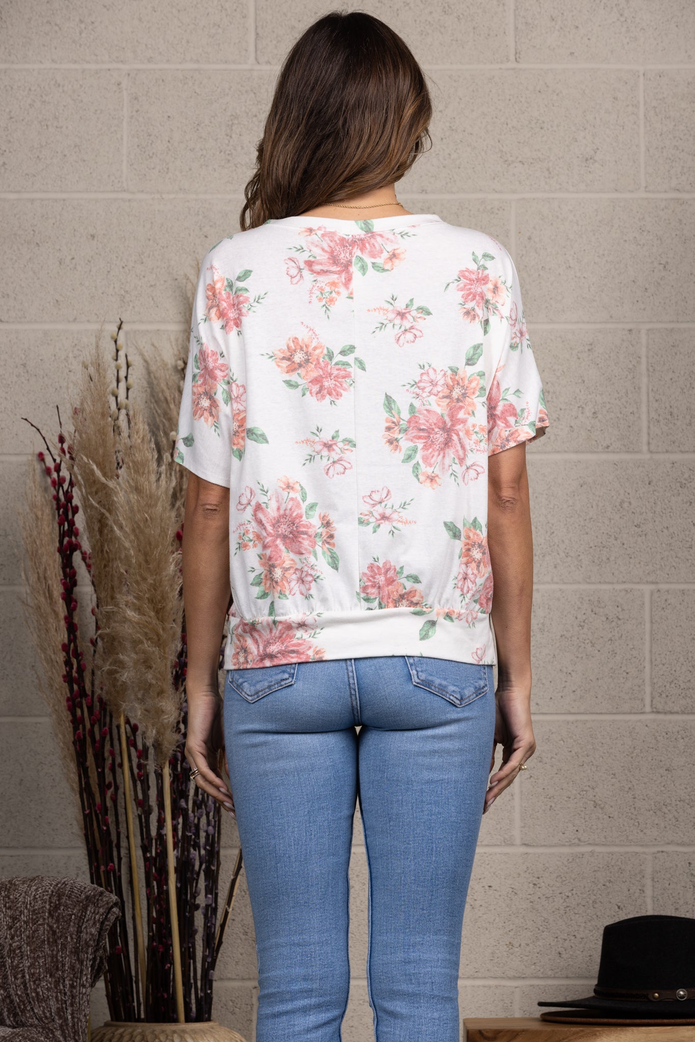 IVORY FLORAL BUBBLE BANDED LOOSE TOP