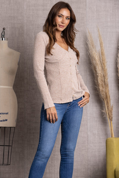 STONE BEIGE RIBBED KNIT BUTTON DOWN LONG SLEEVE TOP-TAT368