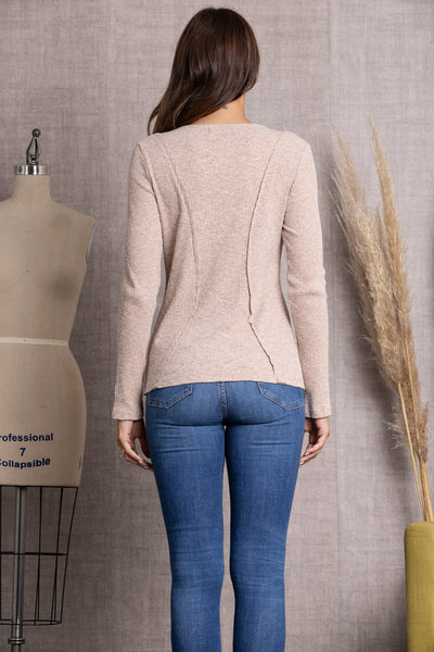 STONE BEIGE RIBBED KNIT BUTTON DOWN LONG SLEEVE TOP-TAT368