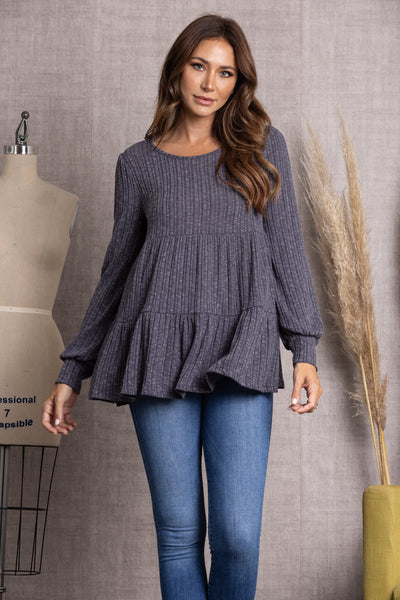 TJ10119-Wholesale CHARCOAL RIBBED KNIT CUFF LONG SLEEVE TOP 
