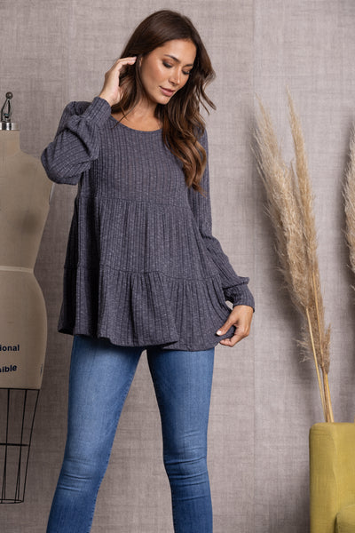CHARCOAL RIBBED KNIT CUFF LONG SLEEVE TOP-TJ10119