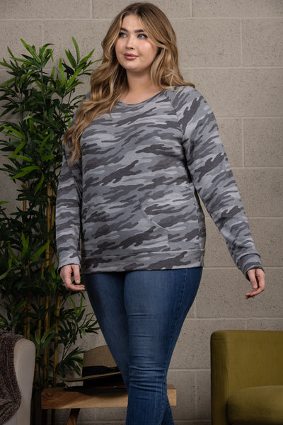 MILITARY PRINT PULLOVER PLUS SIZE TOP-T7571PLB