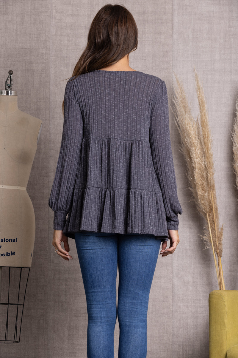 CHARCOAL RIBBED KNIT CUFF LONG SLEEVE TOP-TJ10119