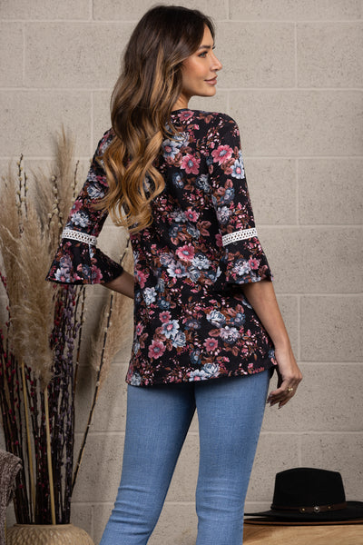 FLORAL PRINT LACE DETAILED BELL LONG SLEEVES TOP-CT43472