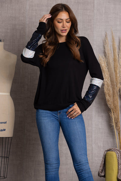 T7497-NOIR BLACK RIBBED SEQUENCE LONG SLEEVES TOP