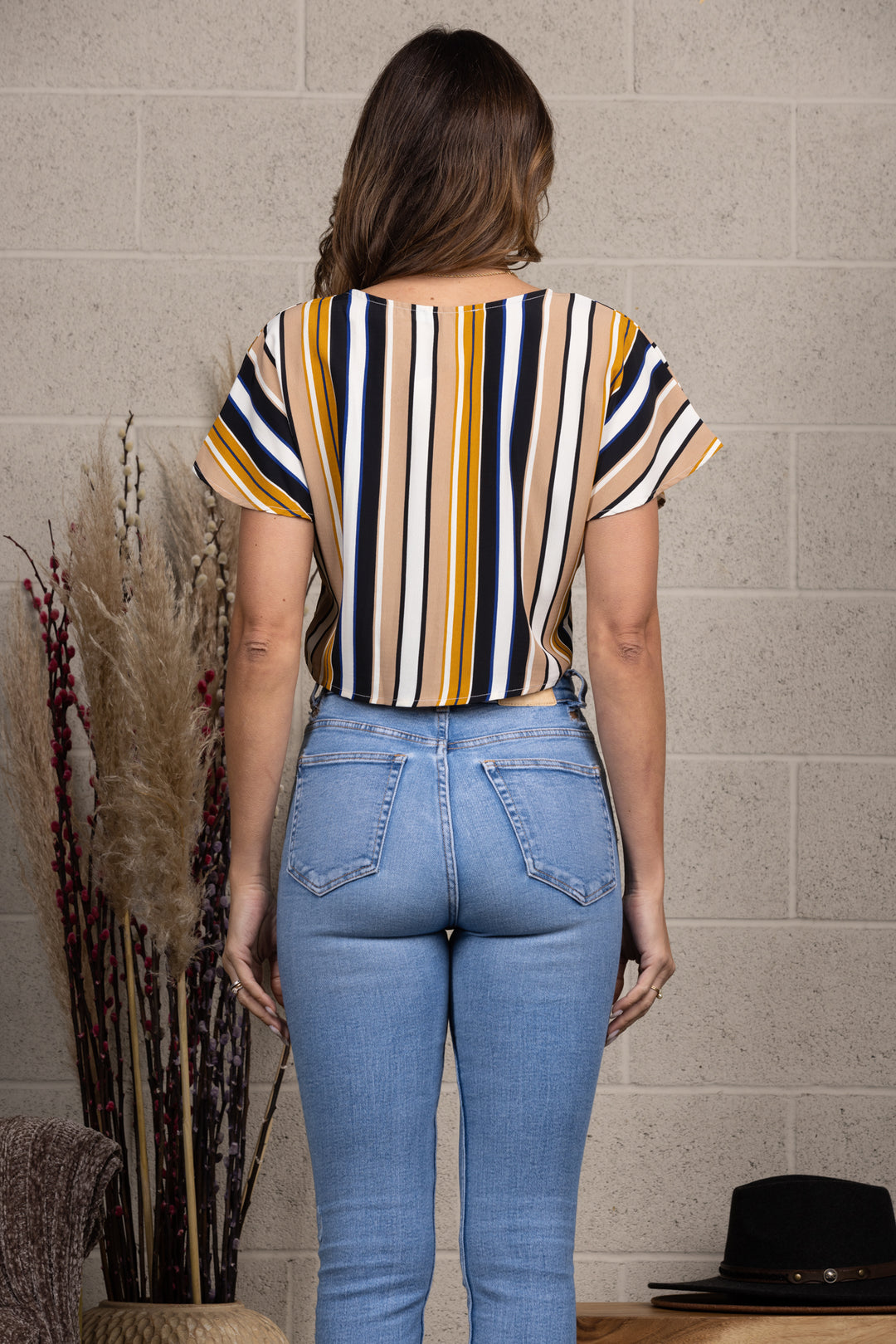 MUSTARD REGIMENTAL STRIPES PRINT CROP TOP-SS1587
