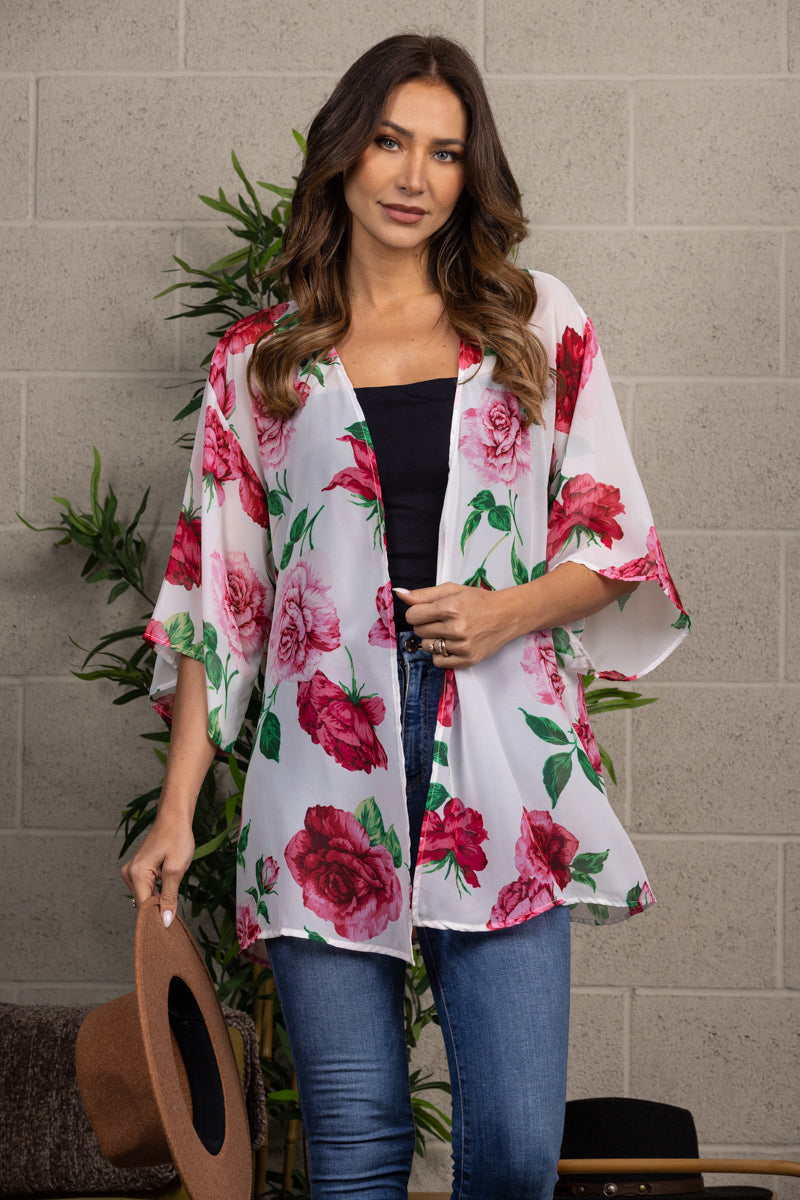 FLORAL PRINT DRAPED OPEN FRONT COVER-UP-T2202
