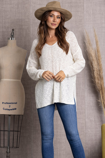 IVORY V-NECK CABLE KNIT SWEATER-TI10001