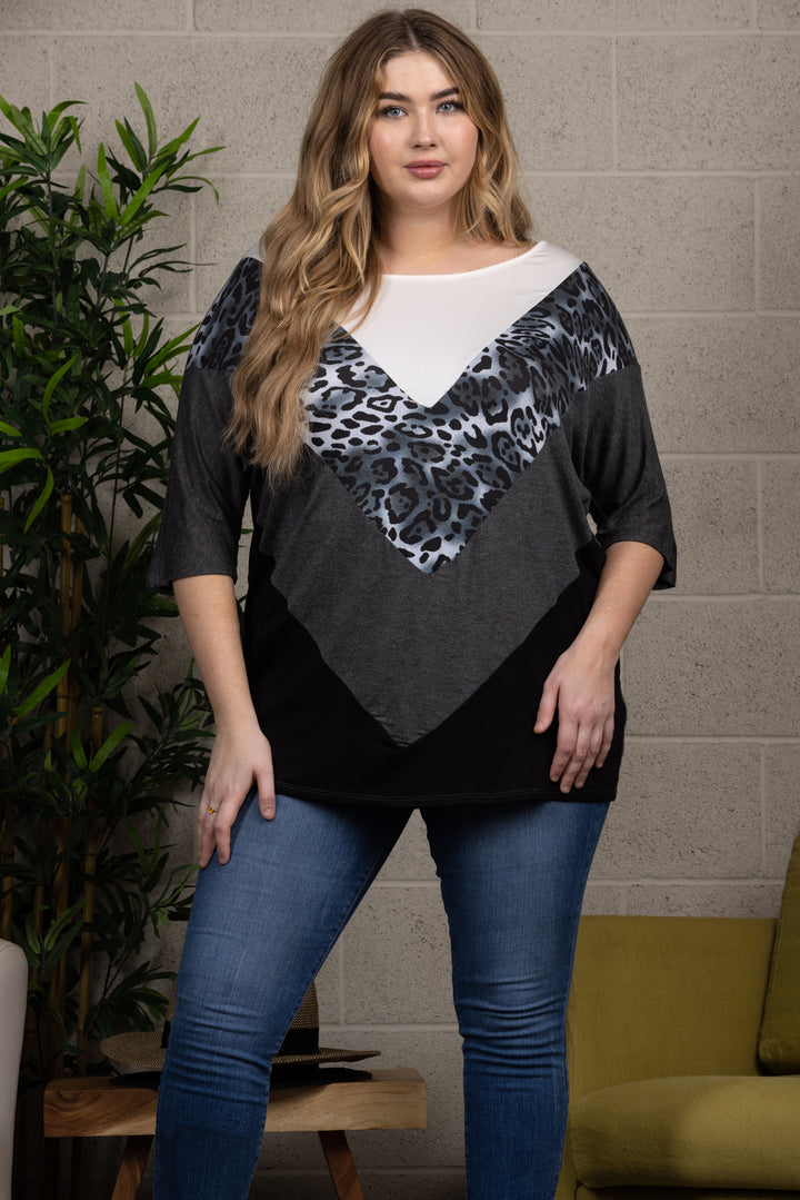 LEOPARD PRINT DOLMAN SLEEVES CONTRAST PLUS SIZE KNIT TOP CT43609E