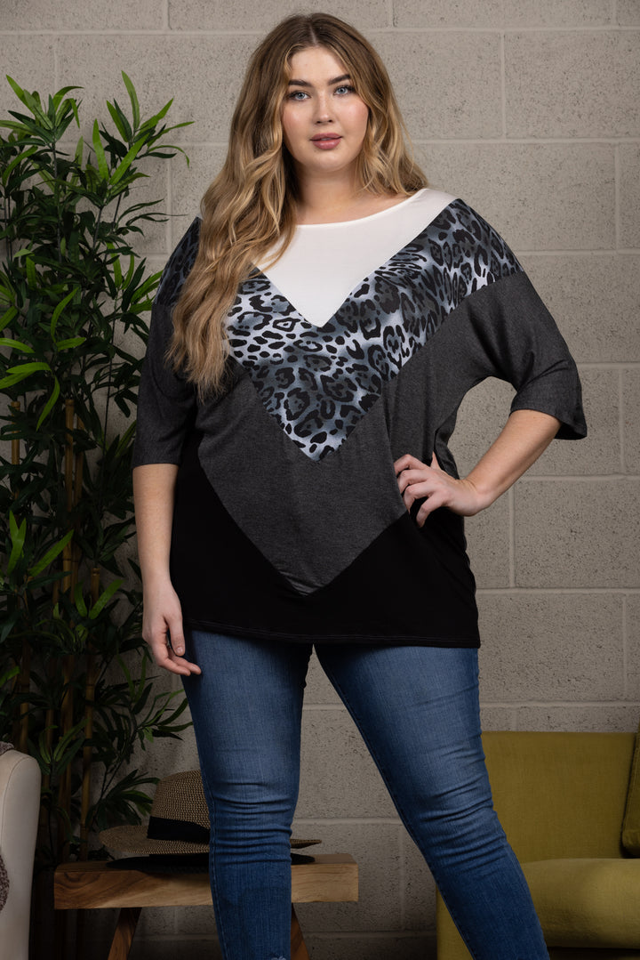 LEOPARD PRINT DOLMAN SLEEVES CONTRAST PLUS SIZE KNIT TOP CT43609E