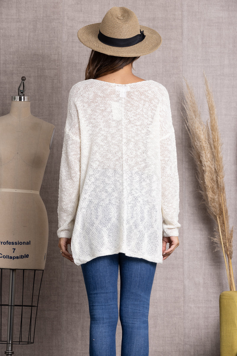 IVORY V-NECK CABLE KNIT SWEATER-TI10001