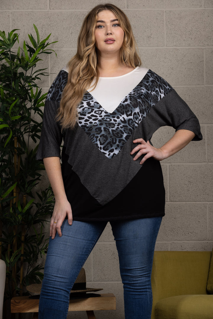 LEOPARD PRINT DOLMAN SLEEVES CONTRAST PLUS SIZE KNIT TOP CT43609E